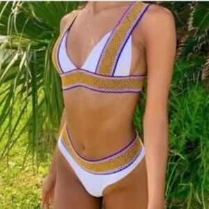 Elysian 3 Piece Bali Bikini Set White Ribbed High Cut Boho Embroidered Size L/XL